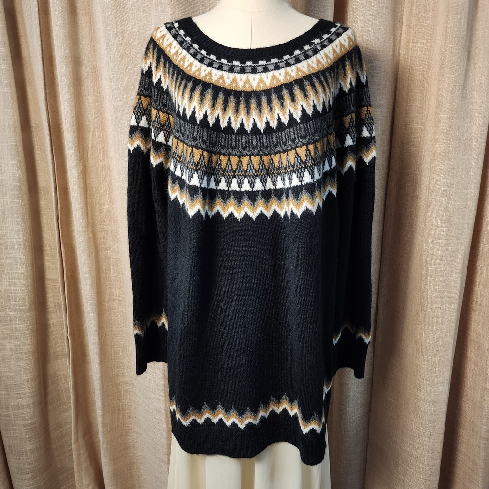 Talbots Plus 3X Fair Isle Yoke Sweater Black Gold Knit Long Sleeve Pullover